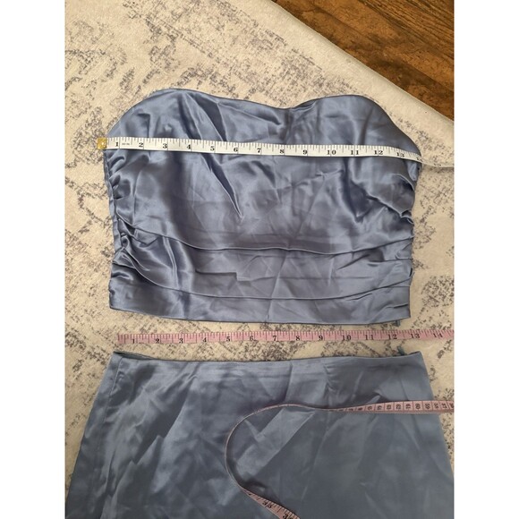 Lulus Demure Sweetie Slate Blue Satin Strapless Two-Piece Midi Dress Size Small - Picture 5 of 9